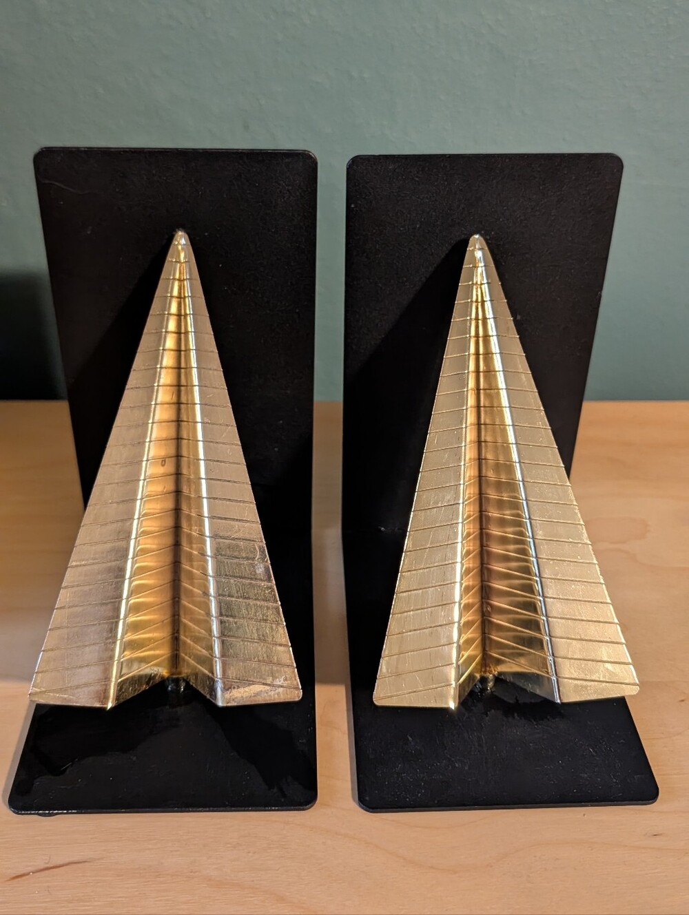 Paper Airplane Bookends Gold Tone Black Metal Pair Modernist Aviation Decor